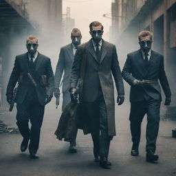 A gang of imposing factorypunk mafia members, dressed in smog-stained suits, carrying intricate mechanized weapons. Their formidable presence echoes against the clanging backdrop of the industrial city.