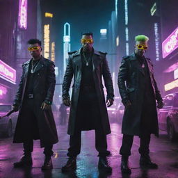 An intimidating electropunk mafia, illuminated with radiant circuits. Wielding high-voltage weaponry, they radiate a pulsating aura of power and danger, electrifying the neon-soaked city streets with tension.