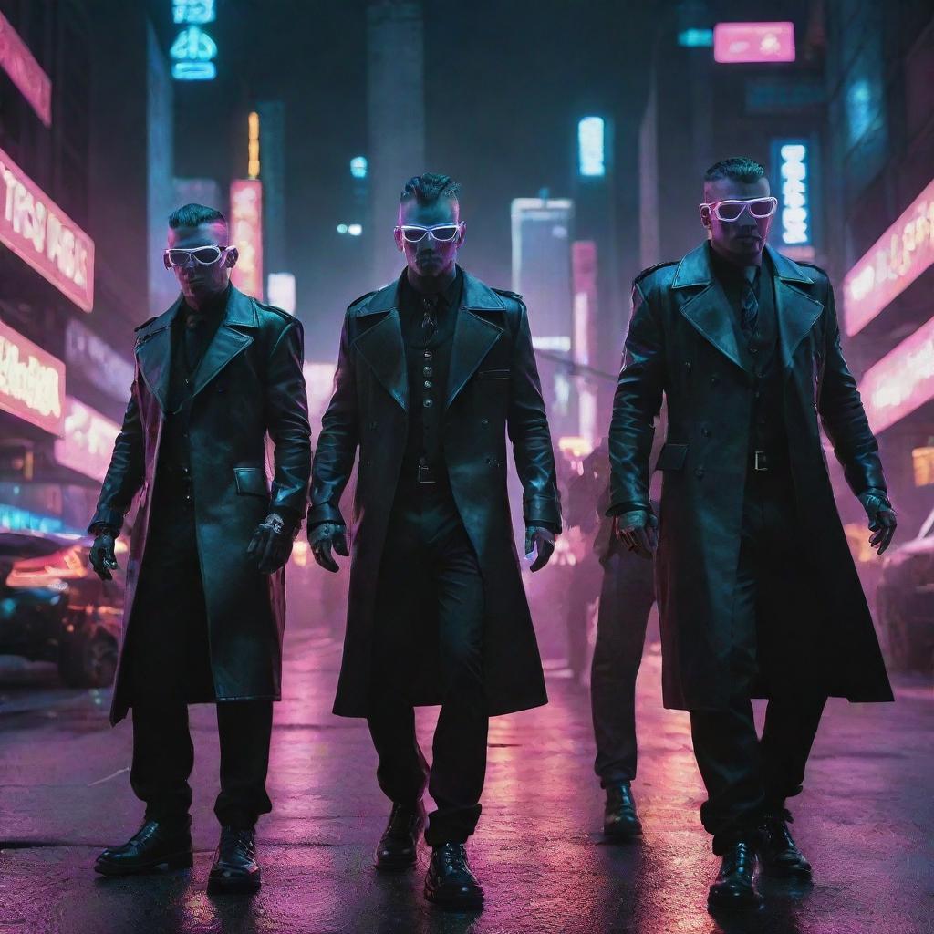 An intimidating electropunk mafia, illuminated with radiant circuits. Wielding high-voltage weaponry, they radiate a pulsating aura of power and danger, electrifying the neon-soaked city streets with tension.