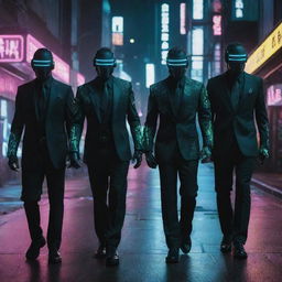 A formidable cyberpunk mafia, their presence amplified by tech-enhanced suits complete with glowing circuitry patterns, carrying laser weaponry. Their intimidating aura enhances the charged, neon-lit atmosphere of the dystopian city.