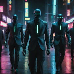 A formidable cyberpunk mafia, their presence amplified by tech-enhanced suits complete with glowing circuitry patterns, carrying laser weaponry. Their intimidating aura enhances the charged, neon-lit atmosphere of the dystopian city.