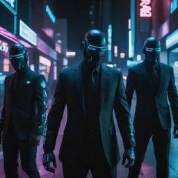 A formidable cyberpunk mafia, their presence amplified by tech-enhanced suits complete with glowing circuitry patterns, carrying laser weaponry. Their intimidating aura enhances the charged, neon-lit atmosphere of the dystopian city.