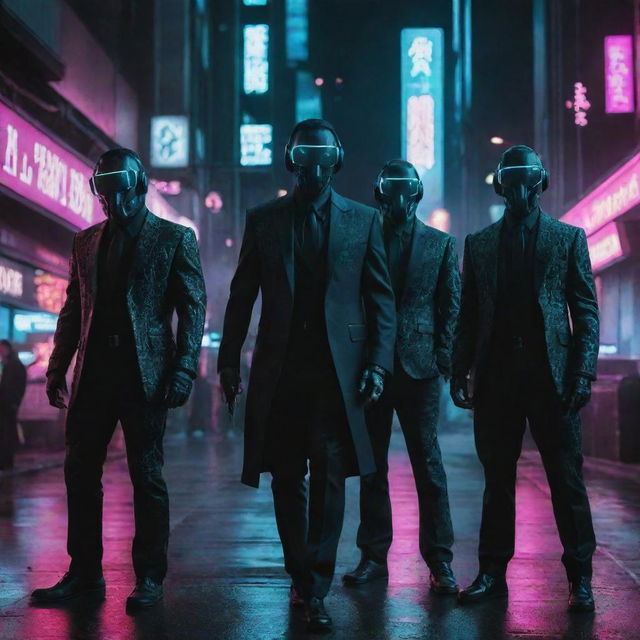 A formidable cyberpunk mafia, their presence amplified by tech-enhanced suits complete with glowing circuitry patterns, carrying laser weaponry. Their intimidating aura enhances the charged, neon-lit atmosphere of the dystopian city.