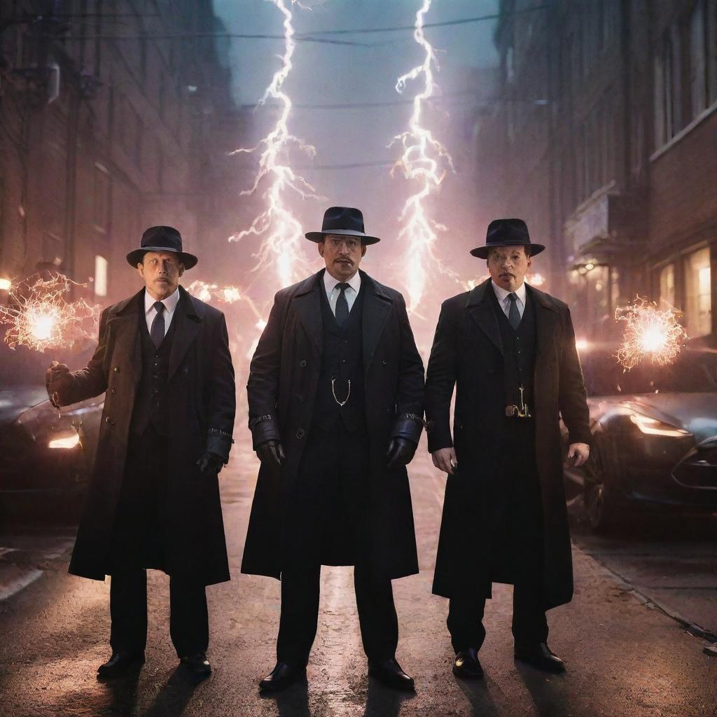 A fearsome teslapunk mafia, dressed in gear adorned with Tesla coils and various electrical contraptions. Wielding electrifying weapons, they cast an imposing shadow under the crackling sounds of electricity in the heart of the city.