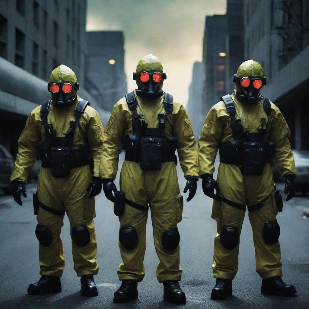 A scary nuclearpunk mafia group, protected by radiation-proof suits, clutching atom-splitting weaponry. Their menacing presence casts a radioactive glow, turning the irradiated cityscape even more eerie and threatening.