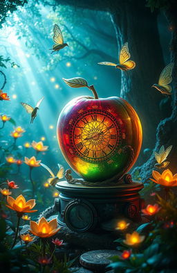 A fantastical scene featuring an enchanted apple and a magical clock, set in a lush, vibrant forest filled with glowing plants and ethereal creatures