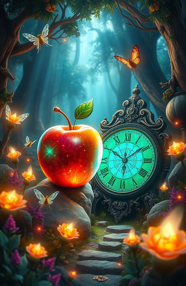 A fantastical scene featuring an enchanted apple and a magical clock, set in a lush, vibrant forest filled with glowing plants and ethereal creatures