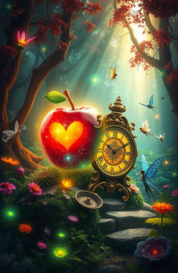A fantastical scene featuring an enchanted apple and a magical clock, set in a lush, vibrant forest filled with glowing plants and ethereal creatures