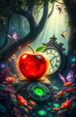 A fantastical scene featuring an enchanted apple and a magical clock, set in a lush, vibrant forest filled with glowing plants and ethereal creatures