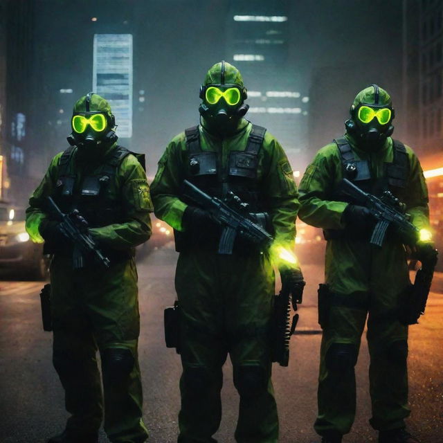 A scary nuclearpunk mafia group, protected by radiation-proof suits, clutching atom-splitting weaponry. Their menacing presence casts a radioactive glow, turning the irradiated cityscape even more eerie and threatening.