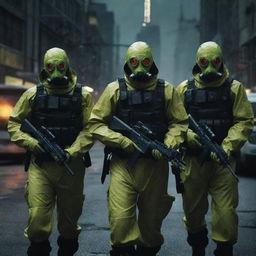 A scary nuclearpunk mafia group, protected by radiation-proof suits, clutching atom-splitting weaponry. Their menacing presence casts a radioactive glow, turning the irradiated cityscape even more eerie and threatening.