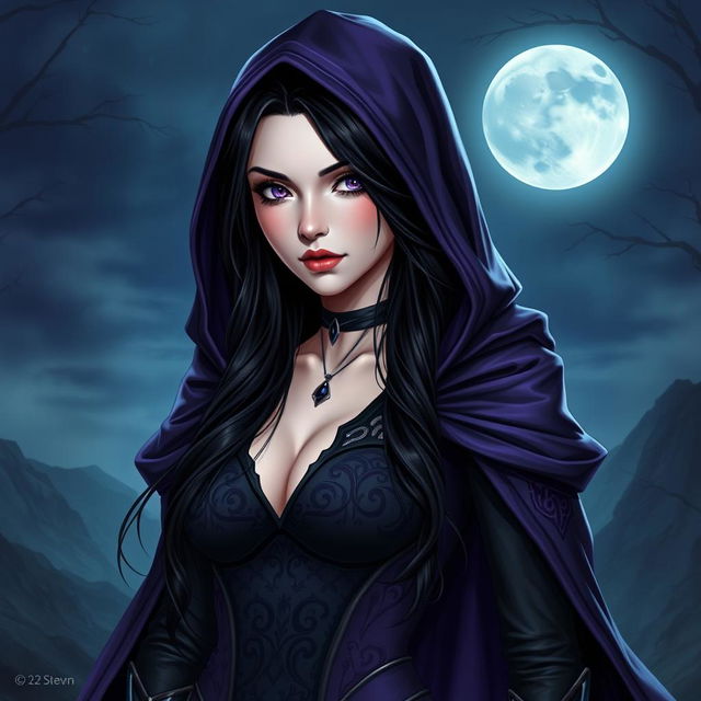 A captivating depiction of a sexy character inspired by Raven from popular fantasy, featuring a mysterious aura