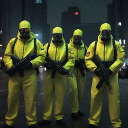 A scary nuclearpunk mafia group, protected by radiation-proof suits, clutching atom-splitting weaponry. Their menacing presence casts a radioactive glow, turning the irradiated cityscape even more eerie and threatening.