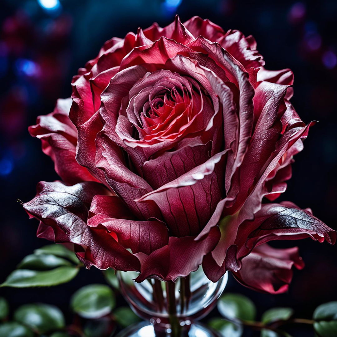 High-definition nature photograph featuring a single long-stemmed Double Delight rose in a crystal vase. Ultra-close-up shot with perfect lighting composition and editorial magazine vibes.