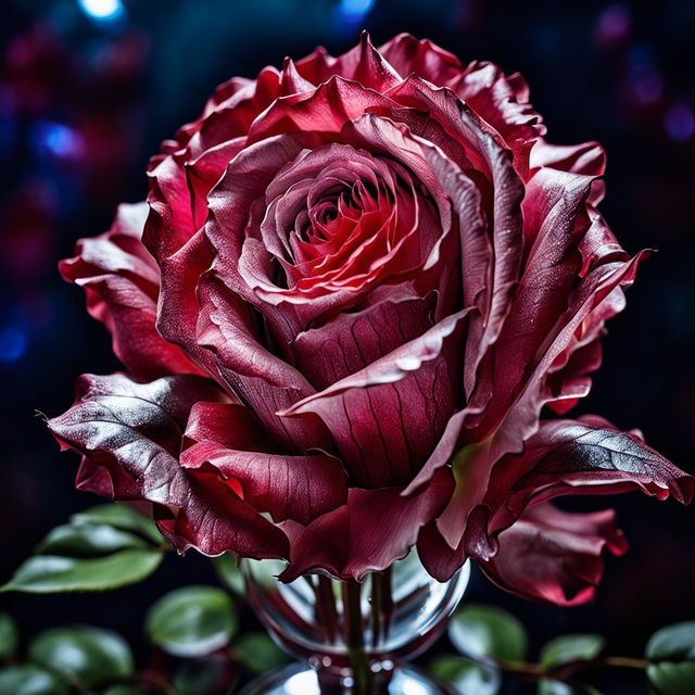 High-definition nature photograph featuring a single long-stemmed Double Delight rose in a crystal vase. Ultra-close-up shot with perfect lighting composition and editorial magazine vibes.