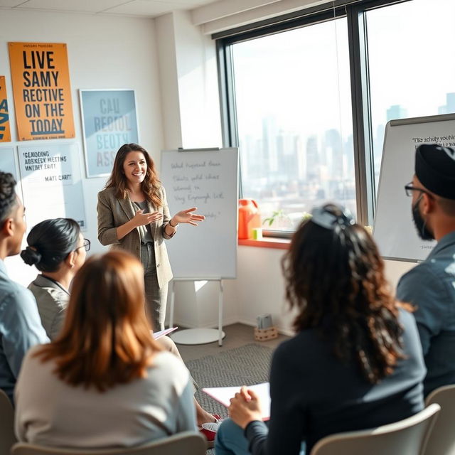 A confident female life coach standing in a bright, modern office setting, smiling and giving an empowering talk to a small, diverse group of adults seated around her