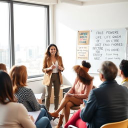 A confident female life coach standing in a bright, modern office setting, smiling and giving an empowering talk to a small, diverse group of adults seated around her