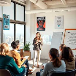 A confident female life coach standing in a bright, modern office setting, smiling and giving an empowering talk to a small, diverse group of adults seated around her