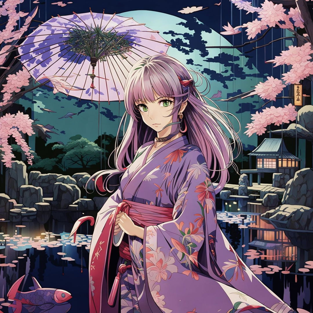 Anime art of a waifu with lavender hair and green eyes, dressed in a traditional kimono in a serene Japanese garden at night.