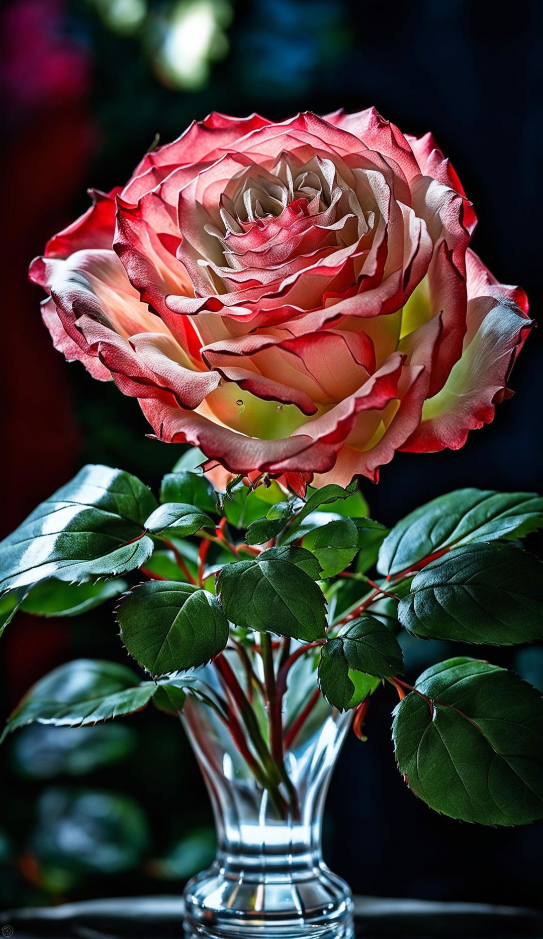 High-definition nature photograph of a single long-stemmed Double Delight rose in a crystal vase with perfect lighting composition and editorial magazine vibes.