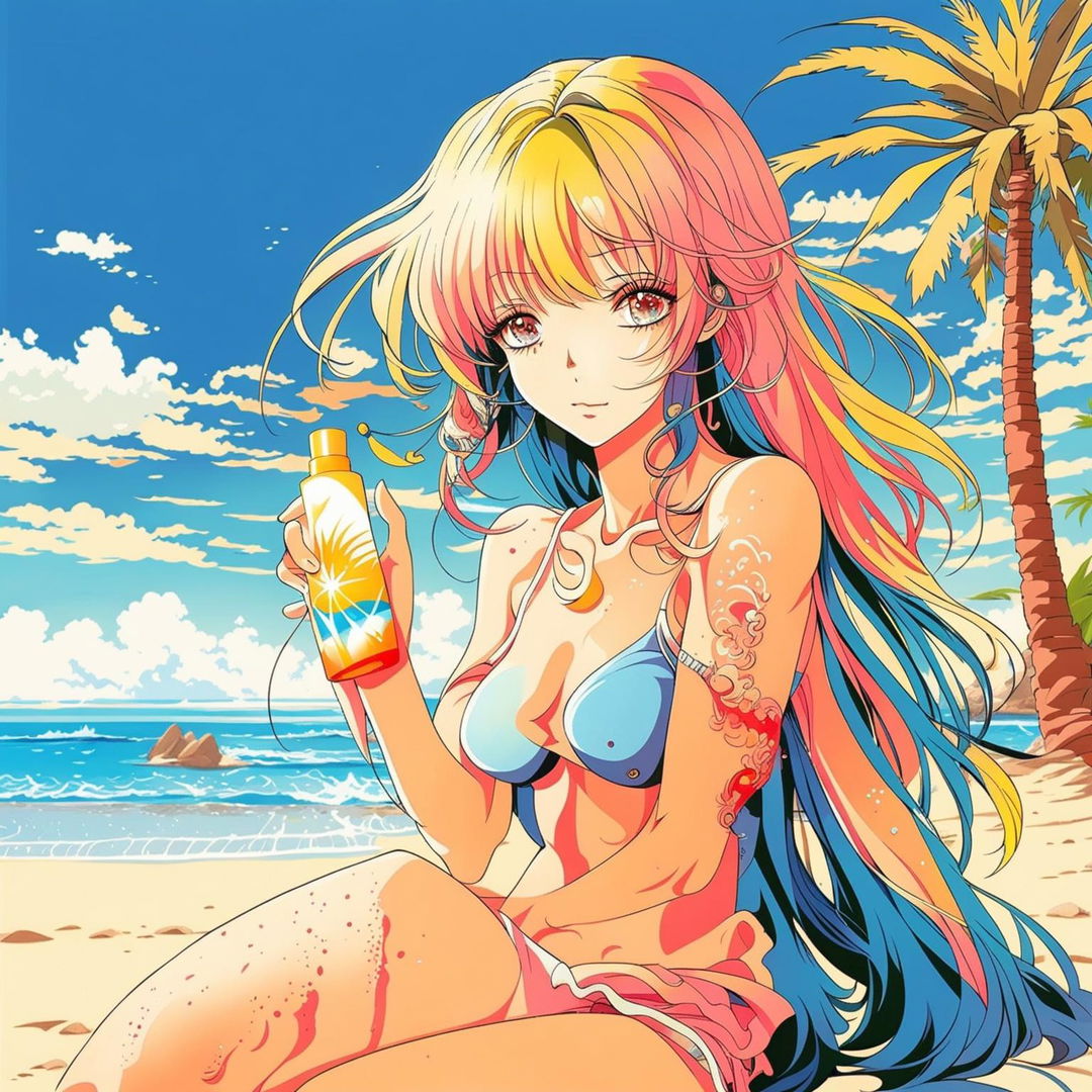 Anime-style waifu on a picturesque beach applying sunscreen with a cartoonish sun design bottle.