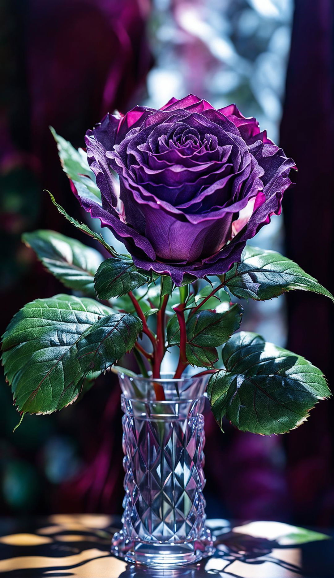 High-definition nature photograph of a single long-stemmed purple rose in a crystal vase with perfect lighting composition and editorial magazine vibes.