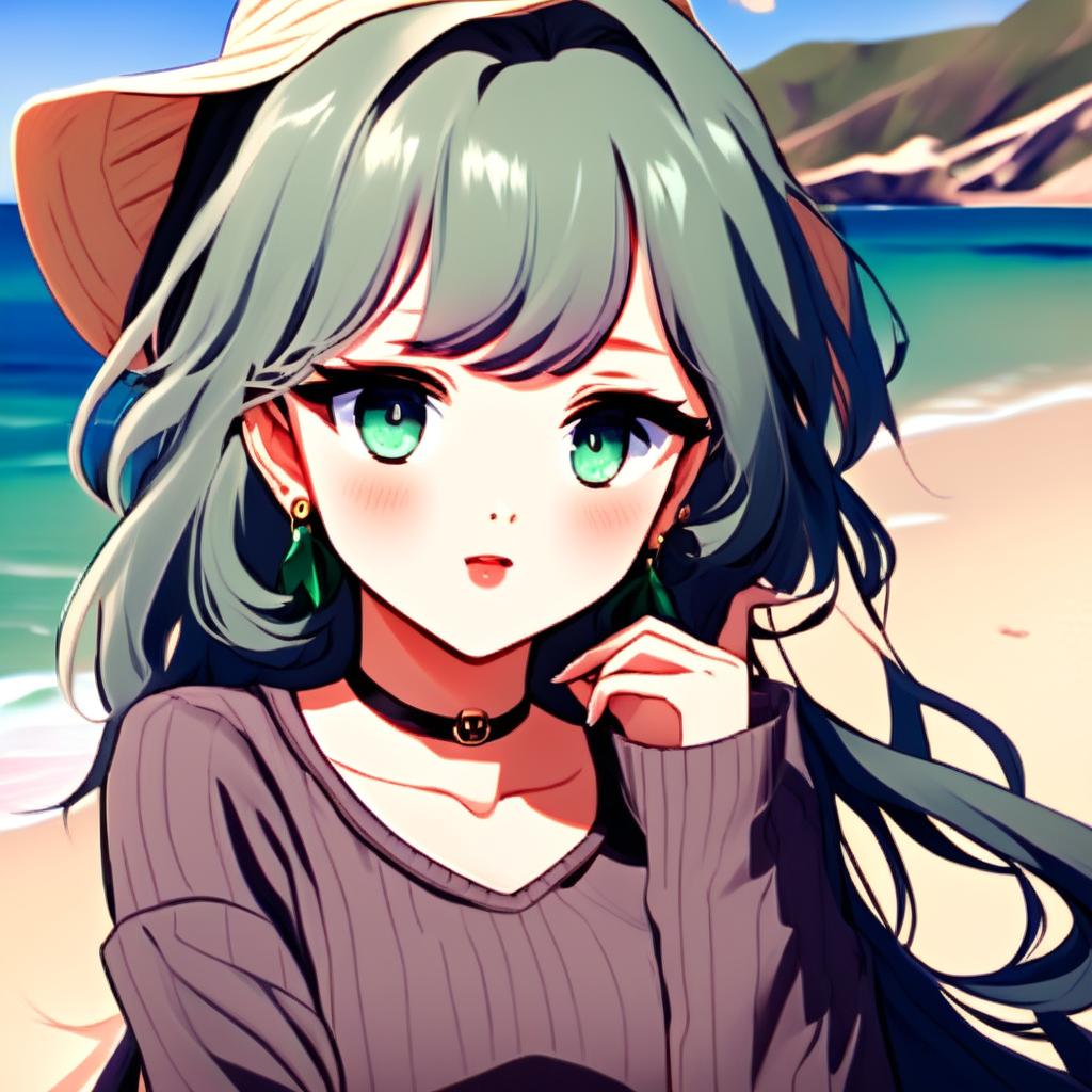 Anime-style profile picture of a beautiful waifu with midnight blue hair and emerald green eyes at a sunny beach.