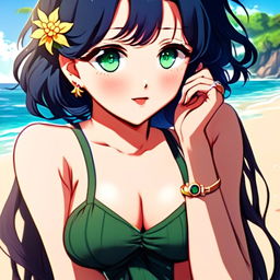 Anime-style profile picture of a beautiful waifu with midnight blue hair and emerald green eyes at a sunny beach.