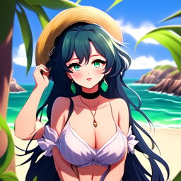 Anime-style profile picture of a beautiful waifu with midnight blue hair and emerald green eyes at a sunny beach.