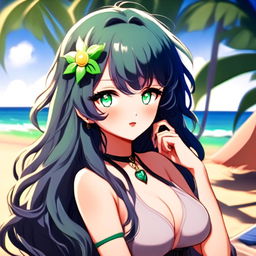 Anime-style profile picture of a beautiful waifu with midnight blue hair and emerald green eyes at a sunny beach.