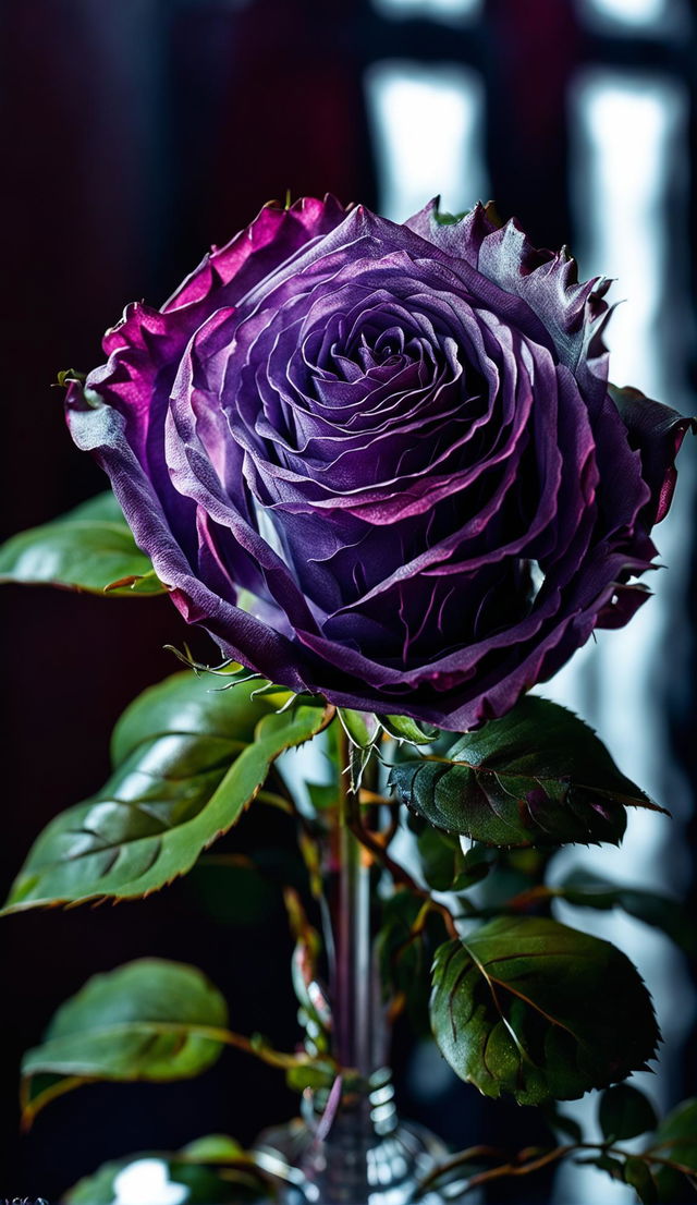 High-definition nature photograph of a single extra long-stemmed purple rose in a crystal vase with perfect lighting composition and editorial magazine vibes.