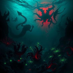 A mystical underwater scene depicting corrupted aquatic environments influenced by dark powers