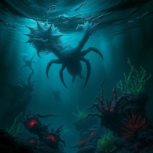 A mystical underwater scene depicting corrupted aquatic environments influenced by dark powers