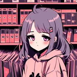 Anime-style profile picture of an emo grunge girl in a vintage record store.