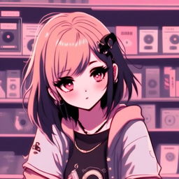 Anime-style profile picture of an emo grunge girl in a vintage record store.