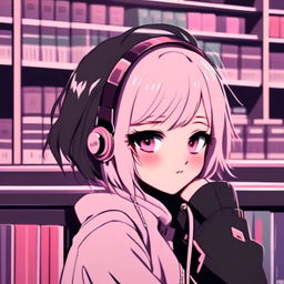 Anime-style profile picture of an emo grunge girl in a vintage record store.