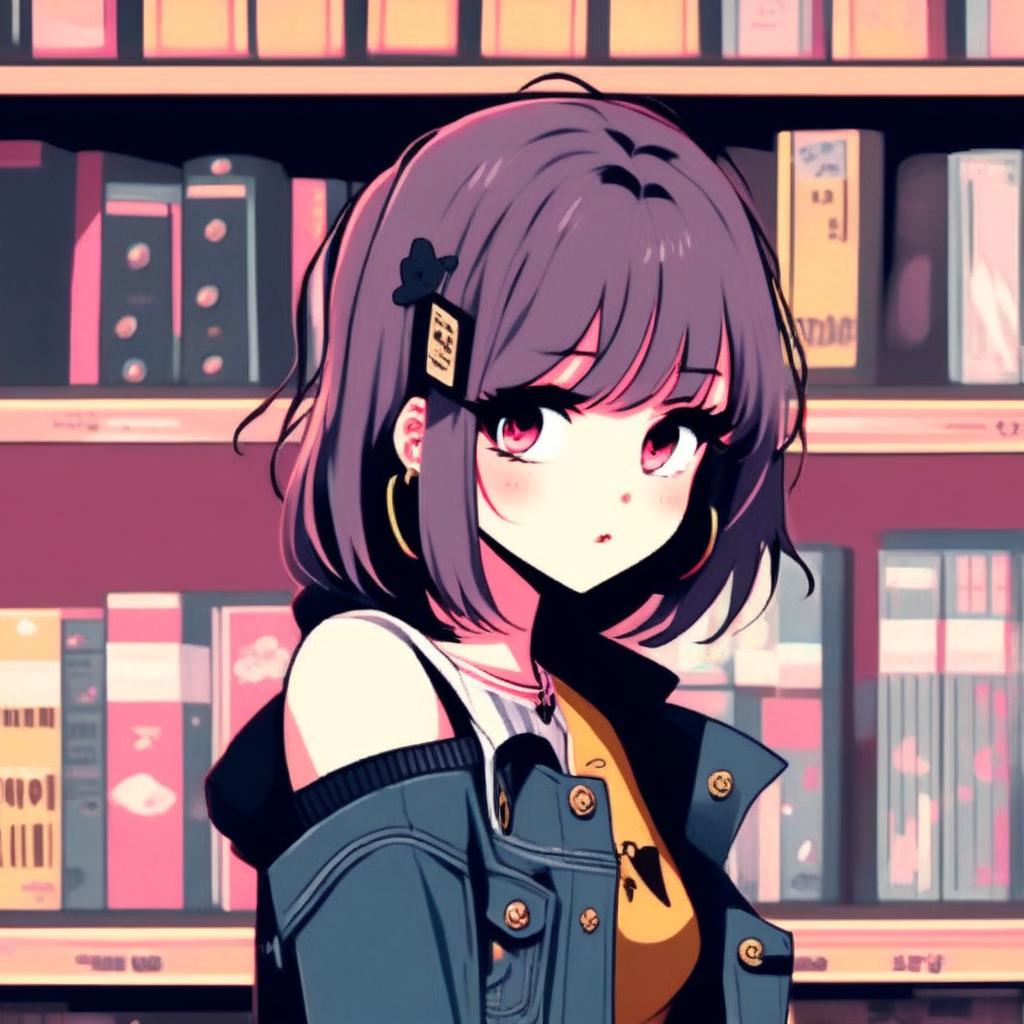 Anime-style profile picture of an emo grunge girl in a vintage record store.