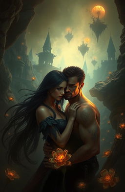 A captivating scene depicting a romantic and mysterious encounter in an underworld setting