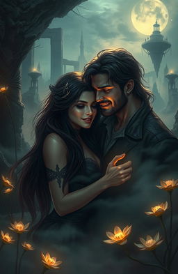 A captivating scene depicting a romantic and mysterious encounter in an underworld setting