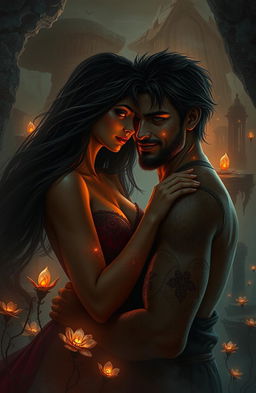 A captivating scene depicting a romantic and mysterious encounter in an underworld setting