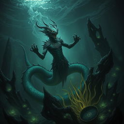 A dark, enchanting underwater scene showcasing a naga-like hybrid creature, embodying the mystical and sinister aspects of the Abyss