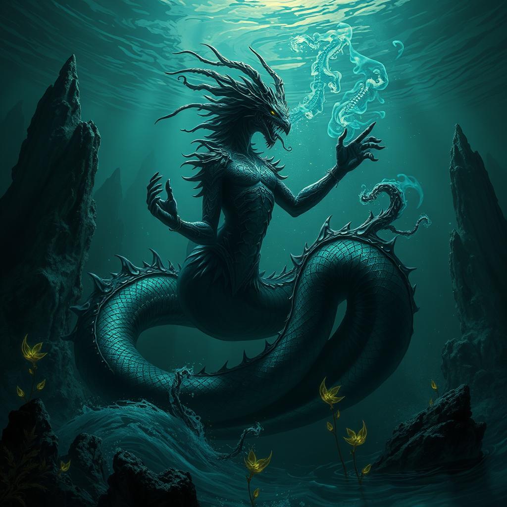 A dark, enchanting underwater scene showcasing a naga-like hybrid creature, embodying the mystical and sinister aspects of the Abyss