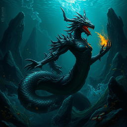 A dark, enchanting underwater scene showcasing a naga-like hybrid creature, embodying the mystical and sinister aspects of the Abyss