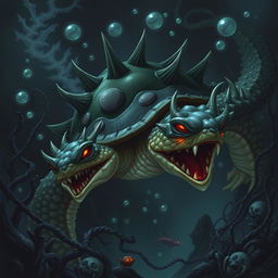 A formidable dragon turtle, exuding a sense of evil and menace, swimming through a dark, foreboding underwater landscape