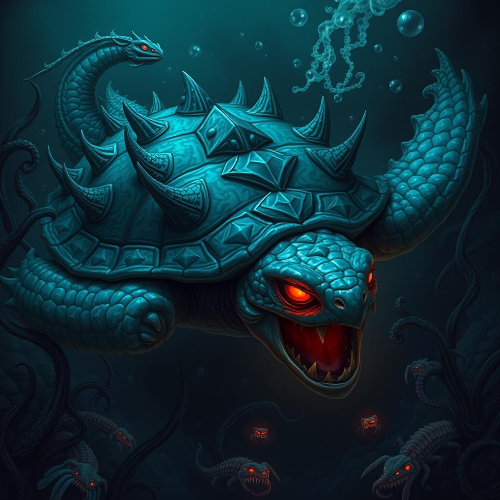 A formidable dragon turtle, exuding a sense of evil and menace, swimming through a dark, foreboding underwater landscape