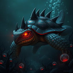 A formidable dragon turtle, exuding a sense of evil and menace, swimming through a dark, foreboding underwater landscape