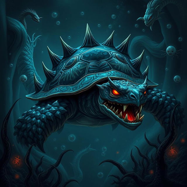 A formidable dragon turtle, exuding a sense of evil and menace, swimming through a dark, foreboding underwater landscape