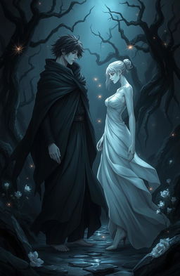 A dramatic and intense scene set in the underworld, depicting a passionate and forbidden love story between two ethereal beings