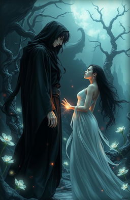 A dramatic and intense scene set in the underworld, depicting a passionate and forbidden love story between two ethereal beings