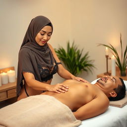 A hijab-wearing woman in alluring lingerie, professionally giving a relaxing massage to a man